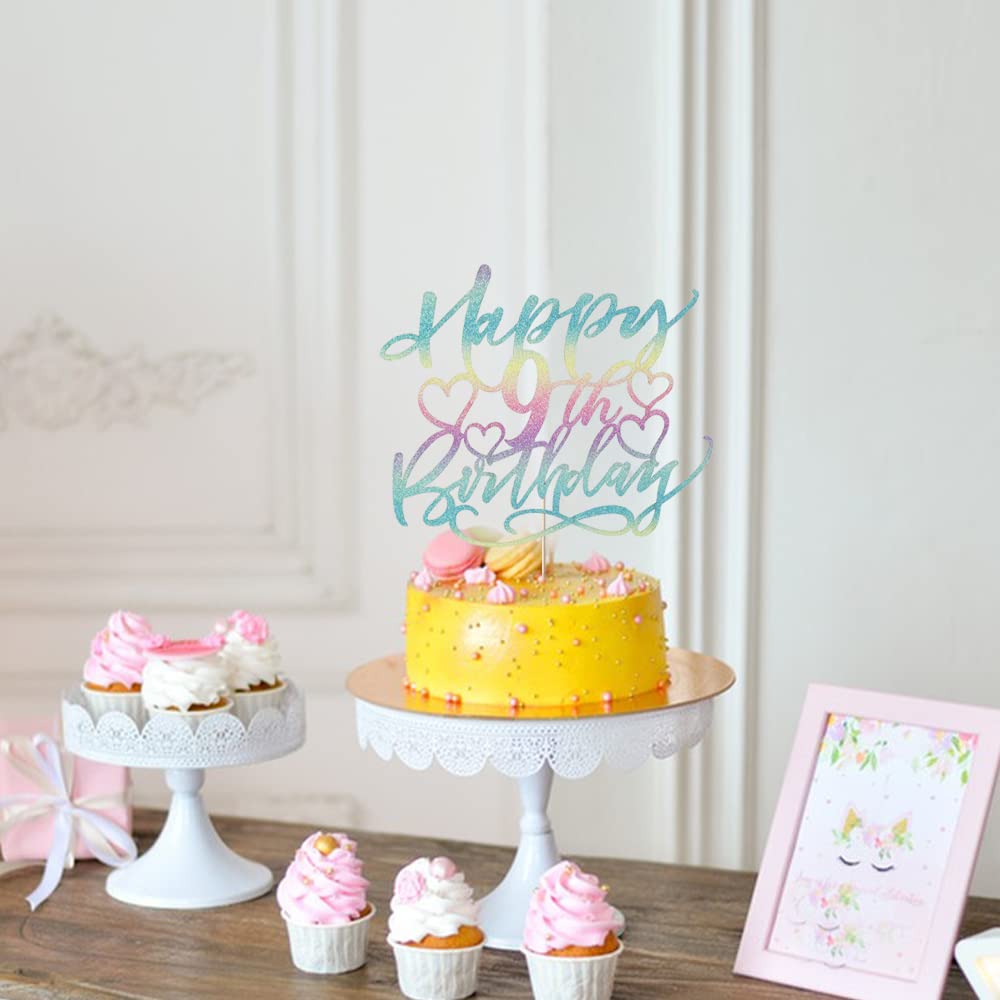 Yetxel Cake Topper for Kids - Happy 9th Birthday, Color Flash, Paper Material