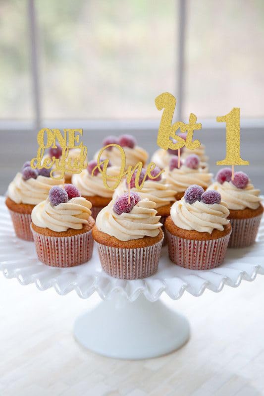 24Pack First Birthday Cupcake Topper - Glitter Gold One Cupcake Picks,1St Birthday Cupcake Decorations Supplies (Gold)