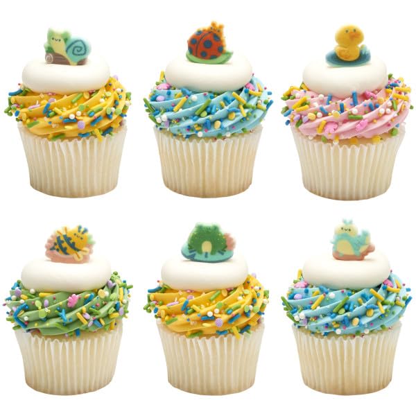 Spring Critters - Duck, Snail, Caterpillar, Ladybug, Bee Edible Sugar Cake Toppers, 12 Count