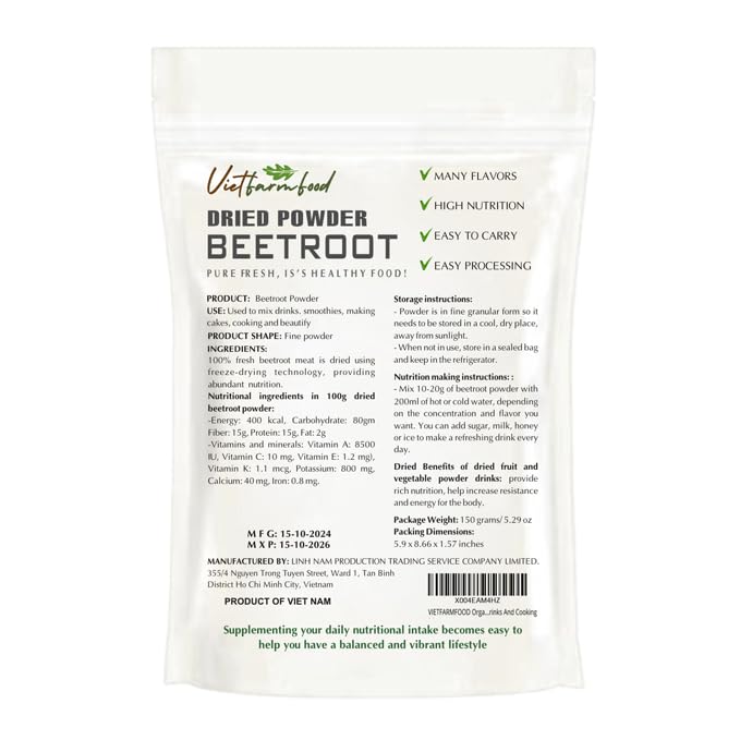 Beetroot Powder 5.29 Oz (150G) Vietfarmfood: Freeze-Dried Extracted From 100% Pure, Sugar-Free. Used To Mix Mixed Drinks Fresh F