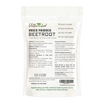 Beetroot Powder 5.29 Oz (150G) Vietfarmfood: Freeze-Dried Extracted From 100% Pure, Sugar-Free. Used To Mix Mixed Drinks Fresh F