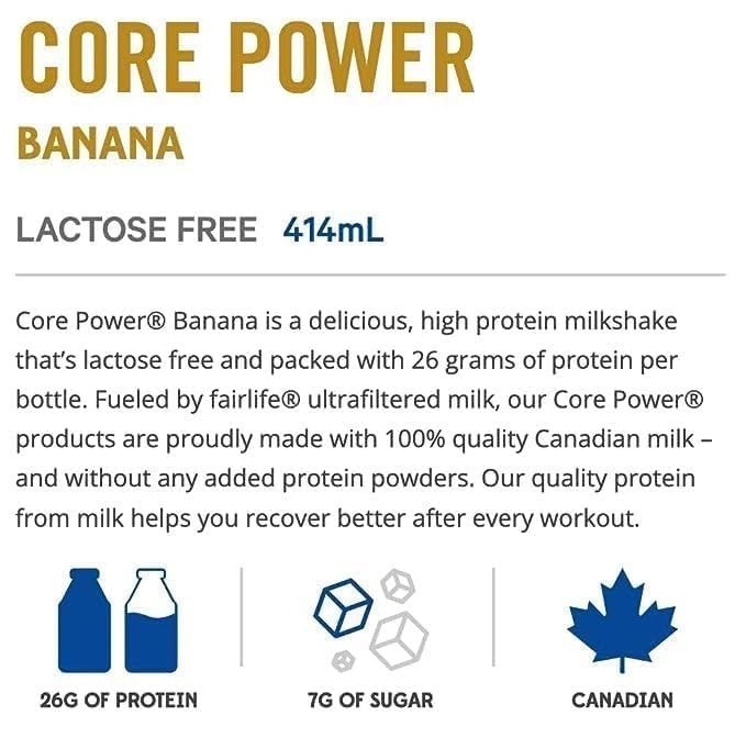 Core Power Protein Shake 26g Banana - No Added Protein Powder  Lactose-Free  Made with Canadian Milk - Pack of 12 Fairlife Protein Shakes  414mL/14 fl. oz. (Shipped from Canada)