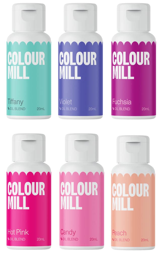 Colour Mill Fairytale Oil-Based Food Coloring, 20 Milliliters Each Of 6 Colors: Candy, Hot Pink, Fuchsia, Peach, Tiffany And Vio