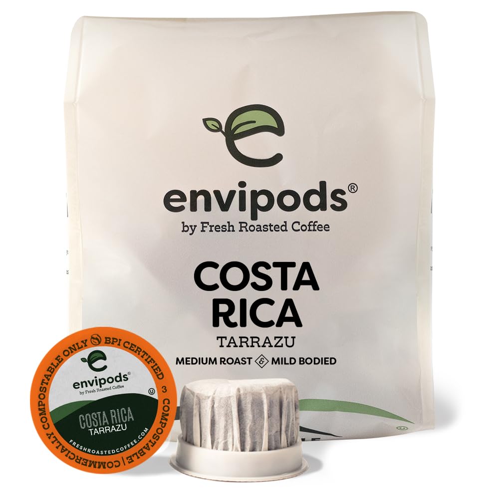 Fresh Roasted Coffee Costa Rican Tarrazu Medium Roast Compostable Envipods 12 Count for Keurig K Cup Brewers