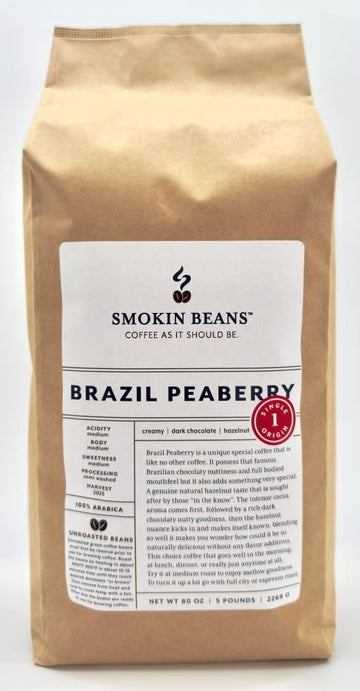 Smokin Beans 5-Pound Brazil Peaberry Unroasted Green Arabica Coffee Beans, Fresh Current Crop, 80 Ounce