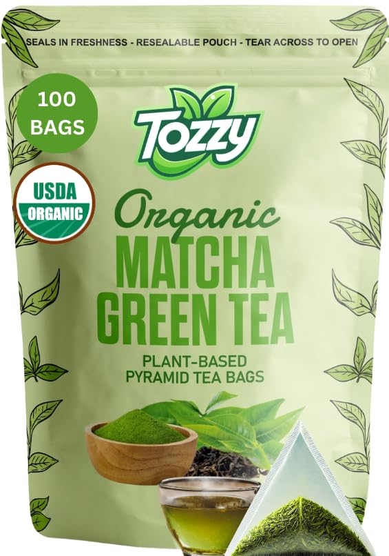 Tozzy Organic Matcha Green Tea - 100 Count  Plant-Based Pyramid Tea Bags | Ceremonial Matcha + Whole Leaf Sencha