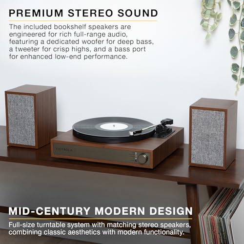 Victrola Harmony - Bluetooth Turntable System- 3-Speed Vinyl Record Player  Stereo Bookshelf Speakers  Mid-Century Modern Design  Audio Technica ATN3600L  Bluetooth Input and Output (Walnut)