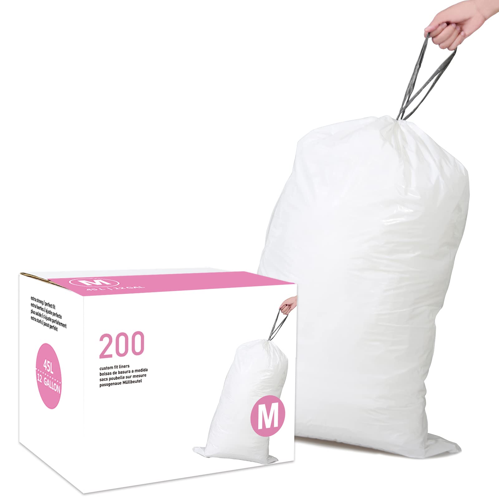 Simplelisa Code M (200 Count) 12 Gallon Heavy Duty Drawstring Plastic Trash Bags Compatible With Code M  1.2 Mil  White Garbage 
