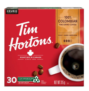 Tim Hortons Colombian Coffee, Single Serve Keurig K-Cup Pods, Dark Medium Roast, 30 Count {Imported From Canada}