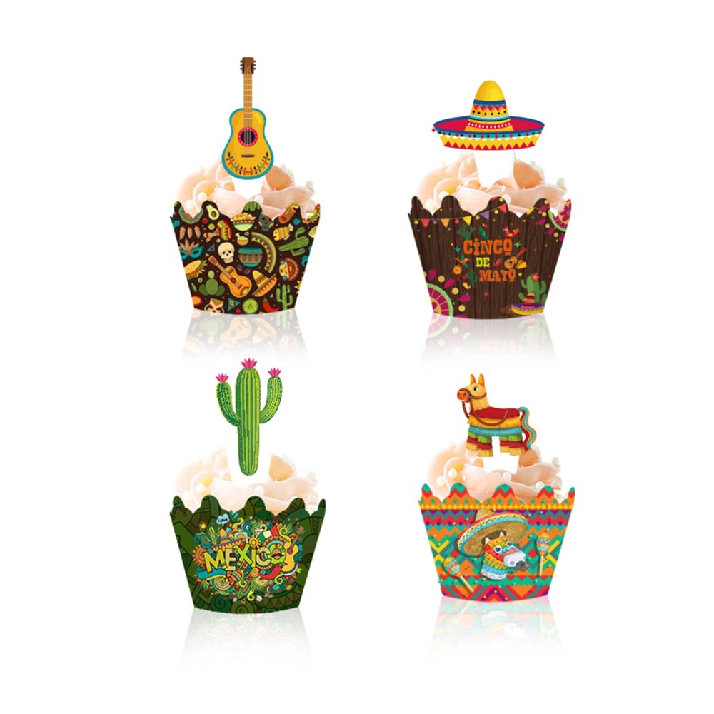 48 Pieces Fiesta Cupcake Topper Mexican Cupcake Wrappers Set For Cinco De Mayo Party Mexican Fiesta Themed Summer Favors Supplie