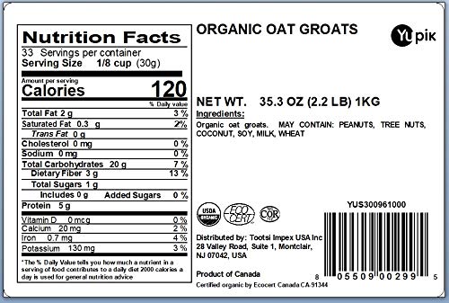 Yupik Organic Whole Oat Groats,2.2 Lb (35.2 Oz), Pack Of 6, Non-Gmo, Vegan, Kosher, Raw, Whole Grain Oats, Salt-Free, Nutty Flav