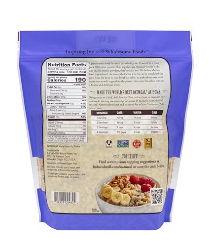 Bob s Red Mill Gluten Free Protein Oats, 32oz (Pack of 4) - 10g Protein/Serving, Non GMO, Whole Grain, Vegan, Kosher