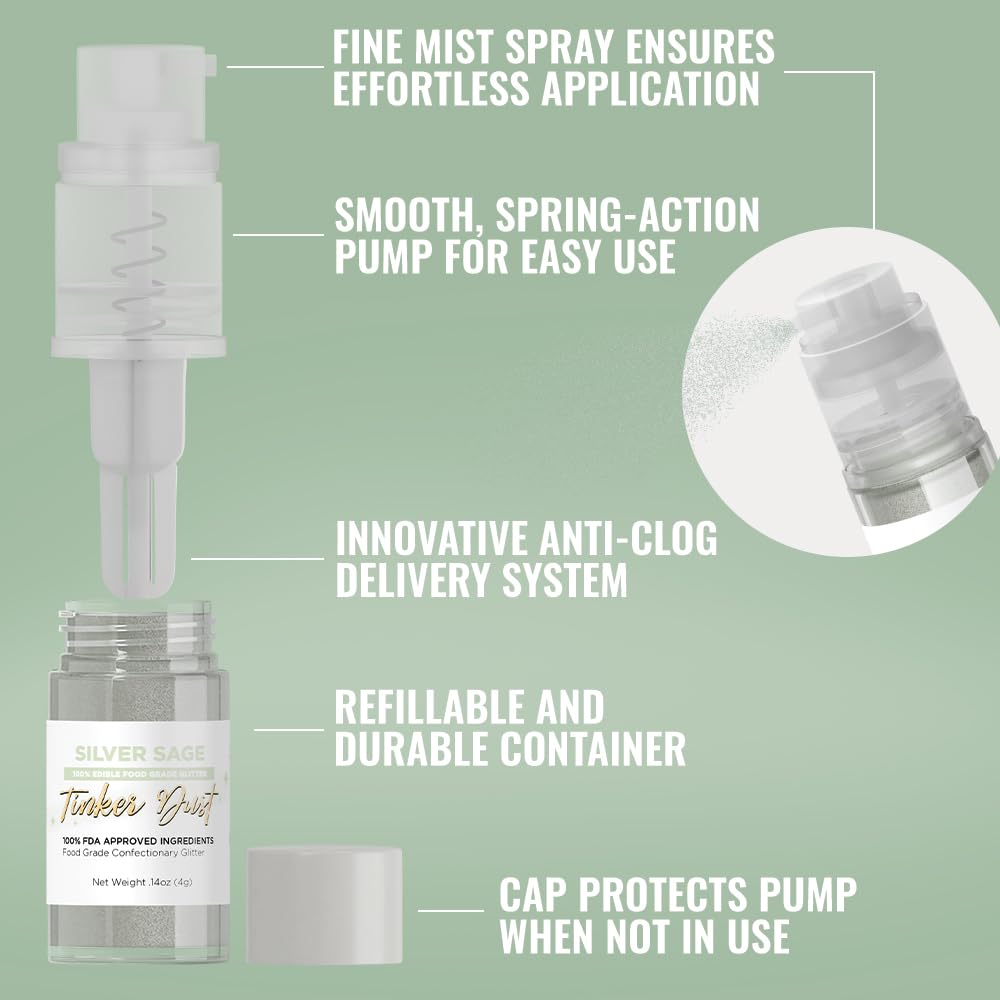 Bakell Edible Glitter - Silver Sage Tinker Dust, 4g Mini Spray Pump