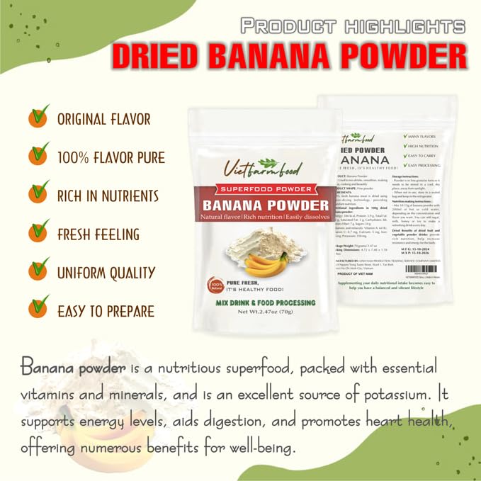Banana Powder 2.47 Oz (70G) Vietfarmfood: Freeze-Dried Extracted From 100% Pure, Sugar-Free. Used To Mix Mixed Drinks Fresh Frui