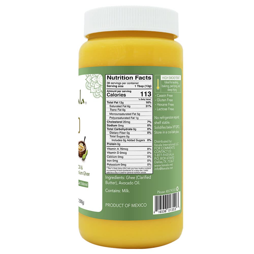 Kevala Avocado Ghee - Cold-Pressed Avocado Oil and Ghee, Lactose-Free, 17.6 oz, Yellow