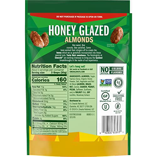Emerald Nuts Honey Glazed Almonds (1-Pack), 5.5oz Resealable Bag, Kosher Dairy Certified, Non-GMO, Contains No Artificial Preser