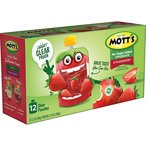 Motts No Sugar Added Strawberry Applesauce, 3.2 oz clear pouches, 12 count