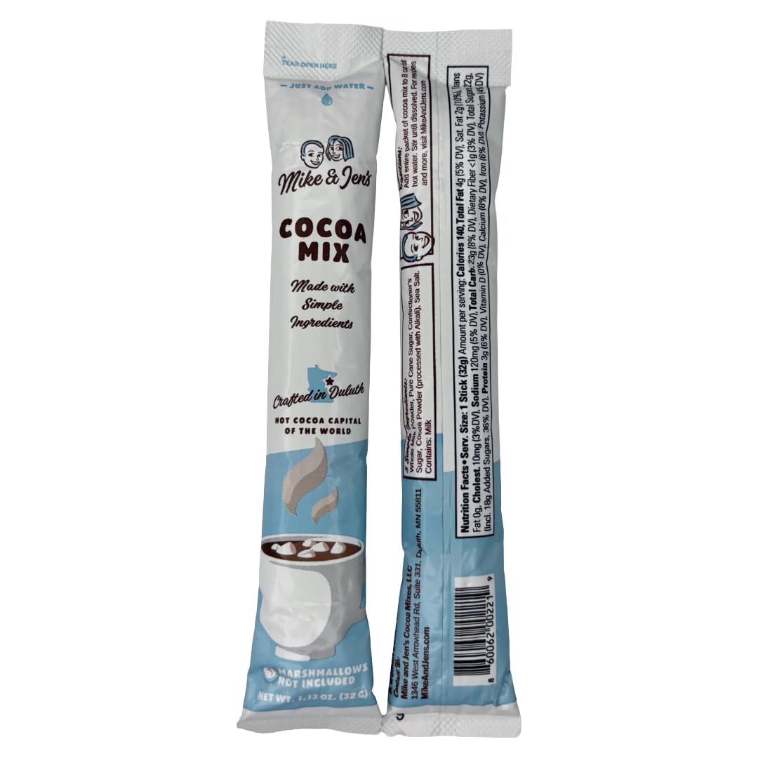 MIKE & JENS Hot Cocoa Mix, Chocolate Powder, 12 Individual Packets, 1.2 Ounce Each, White/Blue/Brown/Black