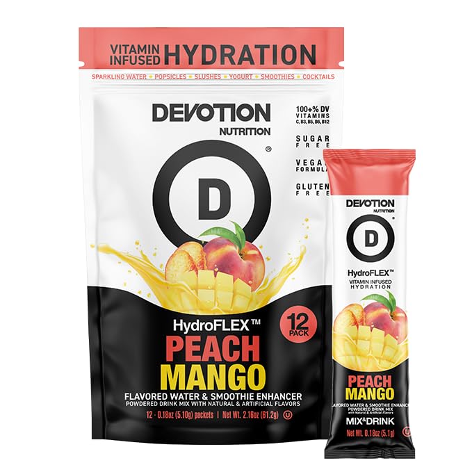 Devotion Nutrition HydroFLEX Sugar-Free Water Flavoring Packets, Peach Mango, 12-Pack, 2.16 Ounce, Gluten-Free, Dye-Free