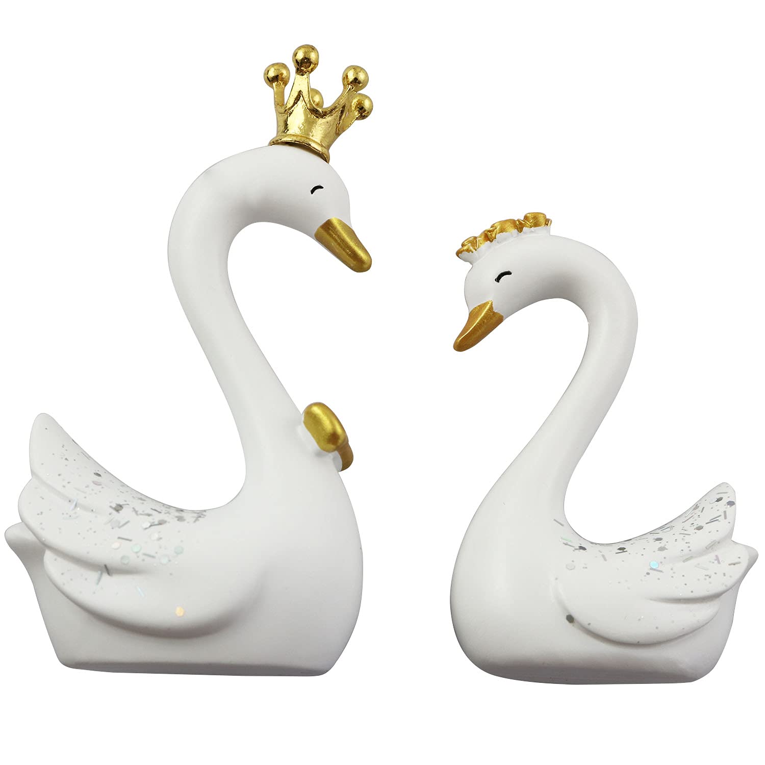 Lq Industrial Swan Birthday Cake Topper 1Pair Small White Resin Swan Couple Figurine Ornaments Set With Gold Crown For Home Deco