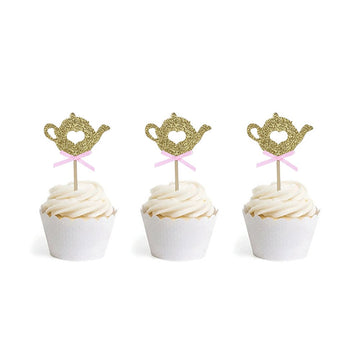 24 Pcs Golden Glitter Teapot Cake Cupcake Toppers Picks For Tea Party Baby Shower Wedding Birthday Decorations