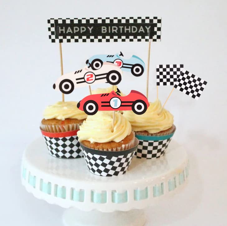 12Pcs Vintage Racing Checkered Flag Cupcake Toppers Racing Themed Birthday Party Or Baby Shower Cupcake Toppers, Buggy Party Dec