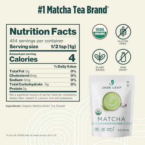 Jade Leaf Matcha Organic Ceremonial Grade Matcha Green Tea Powder - Authentic Japanese Origin - Barista Edition For Cafe Quality Tea & Lattes (1 Pound)