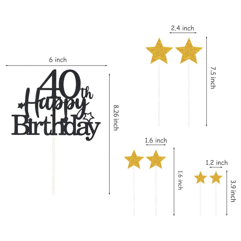 Pargleev Glittery 40th Birthday Cake Topper, Personalised Party Decoration, Black Gold, Paper