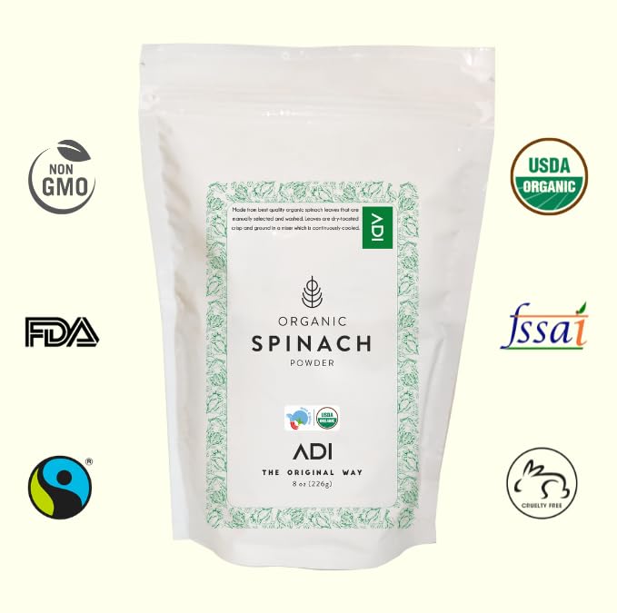 Adi Usda Certified Organic Spinach Powder 8Oz, Fresh Green Powder For Energy & Detox