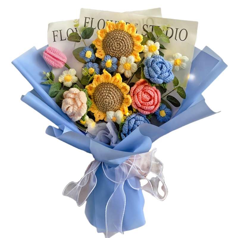 LOEVEN Crochet Flower Bouquet, Handmade Knitted Carnation, Blue, Model RXZER23, Artificial Flowers for Home Decor and Gifts