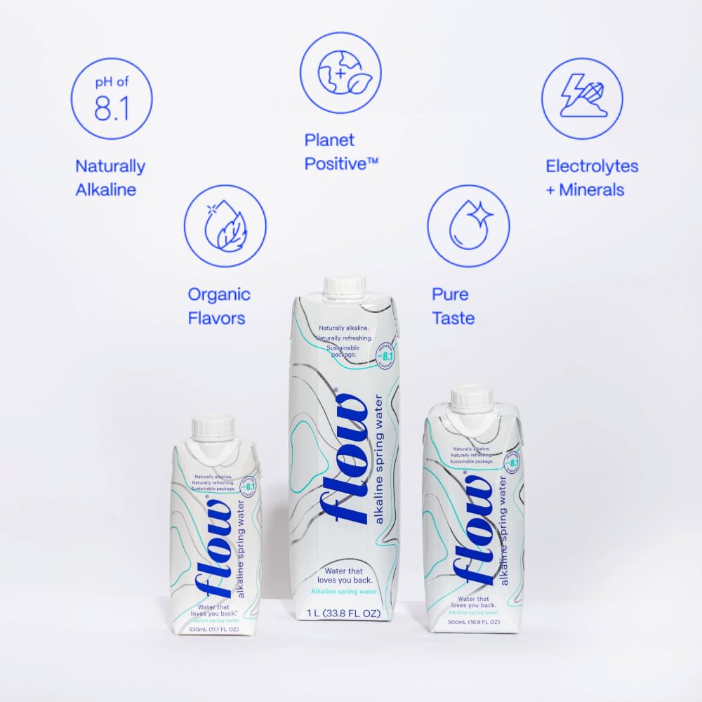 Flow Alkaline Spring Water - Natural Electrolytes, 16.9 FL Oz Bottles, Unflavored, Eco-Friendly Packaging, 12 Pack, White