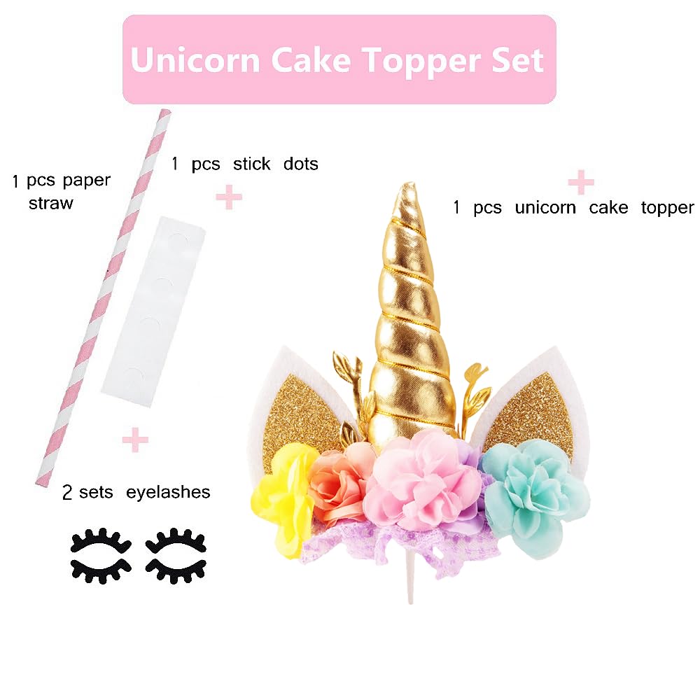 Nishine Rose Floral Unicorn Cake Topper Birthday Party Cake Decoration (Gold&Pink)