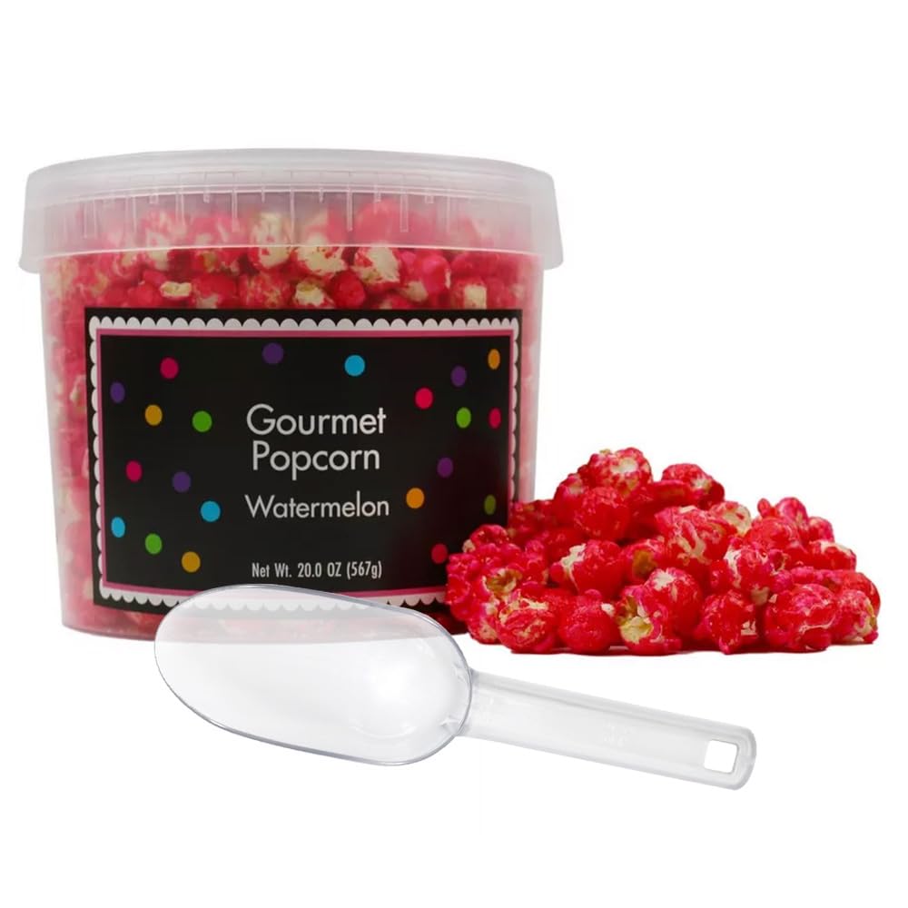 Pink Popcorn Bucket with Scoop, 20 Ounce, Watermelon Flavored Popcorn Tub, Fresh Gourmet Popcorn, The Hampton Popcorn & Candy Co