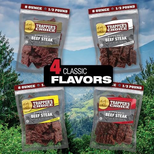 Old Trapper, Trapper'S Choice Hot & Spicy Kippered Beef Steak, Eight-Ounce Individual Package, 10 Grams Of Protein And 70 Calori
