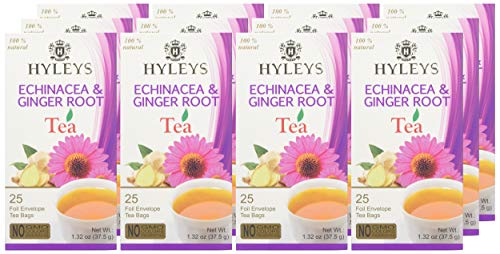 12 Pack Of Hyleys Wellness Natural Echinacea & Ginger Root Green Tea - 25 Tea Bags - (100% Natural, Sugar Free, Gluten Free And