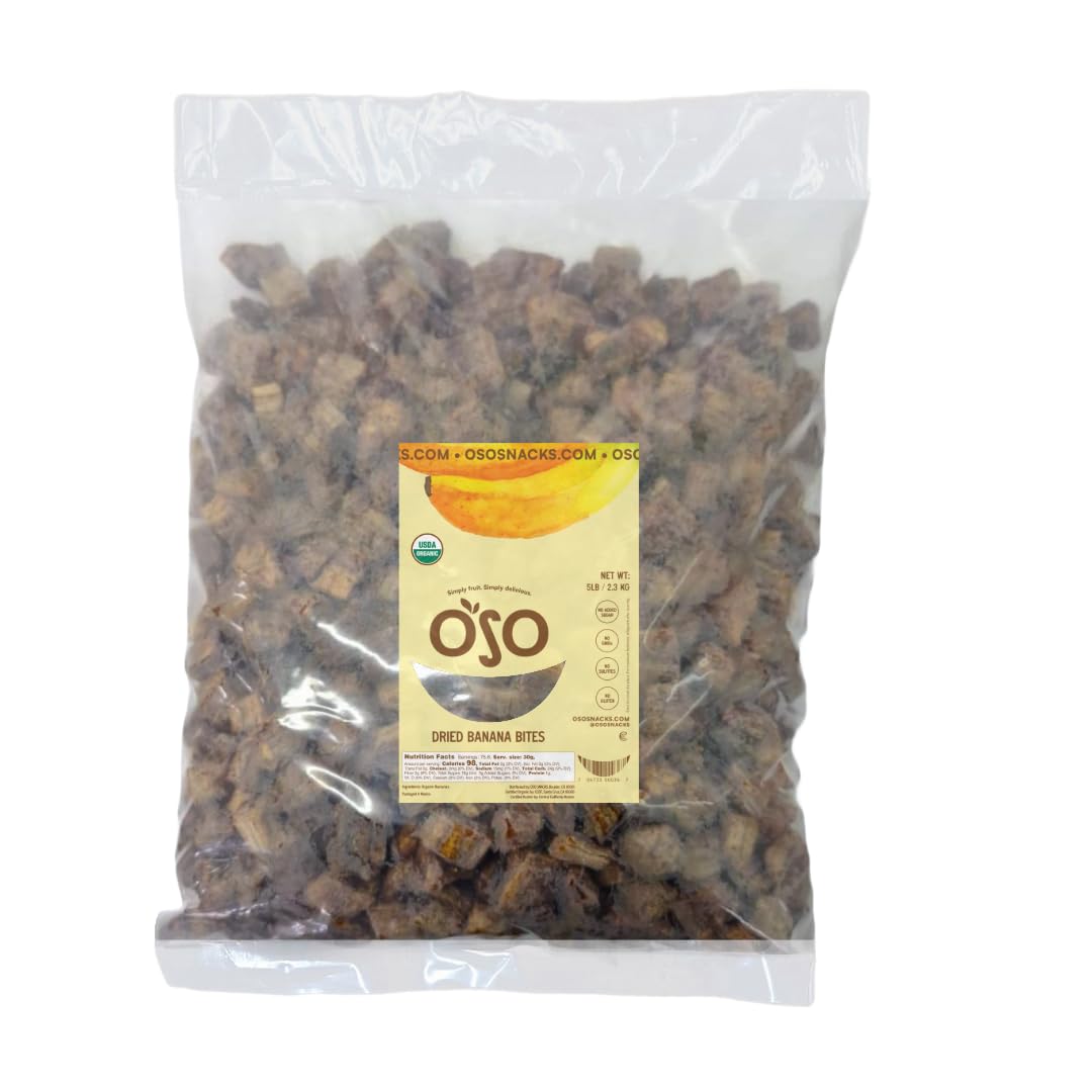 Oso Snacks Dried Organic Banana Bits Slices. Dark and Sweet | 5LB Bulk Bag| No Sugar Added | No Preservatives | 100% Fruit | No 