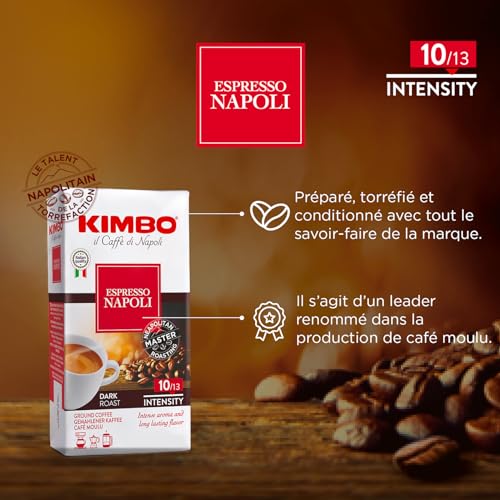 Kimbo Espresso Napoli Ground Coffee | Dark Roast | Intense Aroma & Long Lasting Flavor | 10/13 Intensity | 8.8 Oz (250G) Brick
