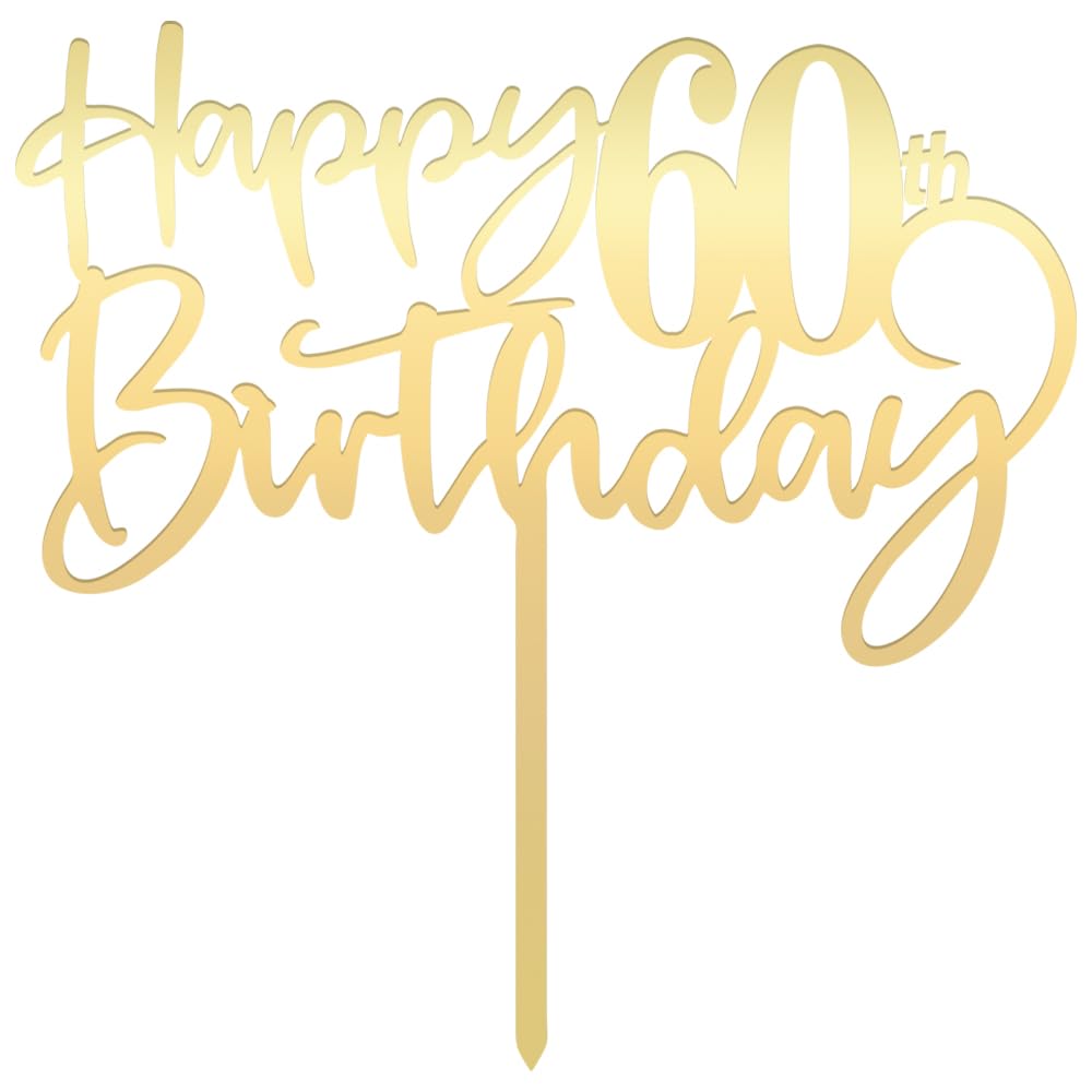 Bekaterea Happy 60th Birthday Cake Topper, Mirrored Gold Acrylic, 1 Each, 6.6 Inches Square, Perfect for 60th Birthday Party Dec