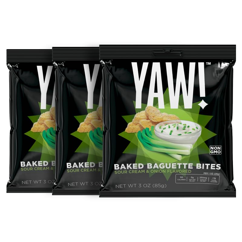 YAW! Baked Baguette Bites, Sour Cream & Onion, Non-GMO, 3 Pack, 9oz, Crunchy Snack