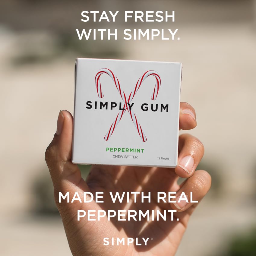 Simply Gum Peppermint Gum - Candy Cane Flavor, Pack of 6 (90 Pieces), Synthetic Free, Aspartame Free, Non-GMO