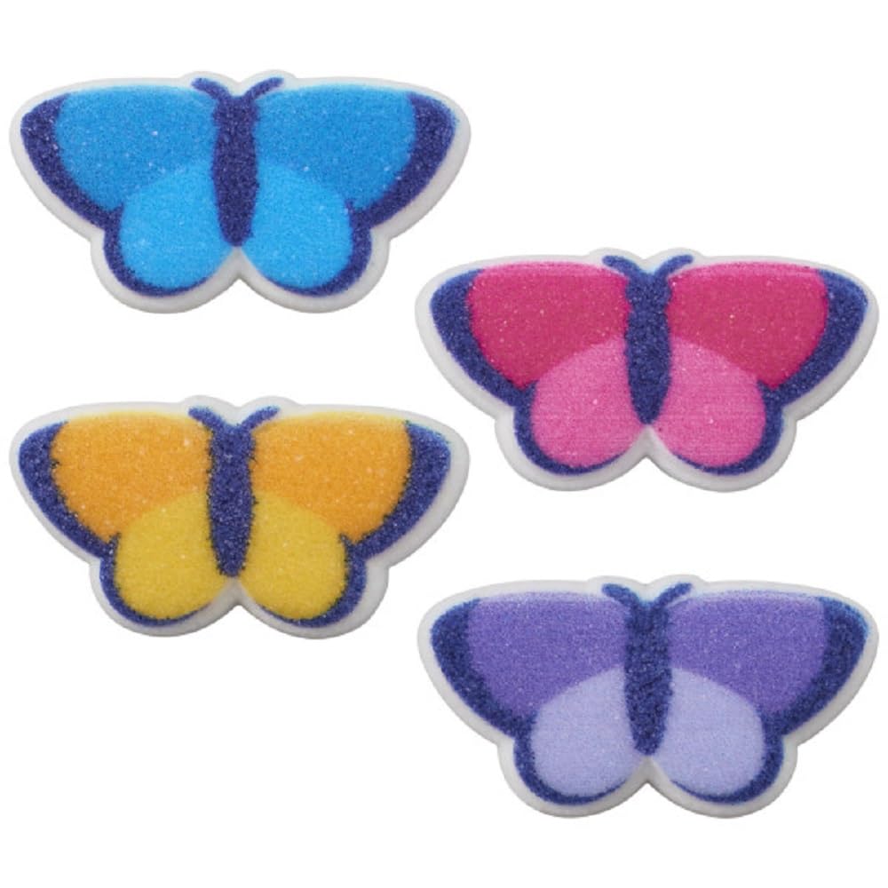 Pink, Yellow, Blue, and Purple Butterfly Edible Sugar Cake Toppers, 12 Count