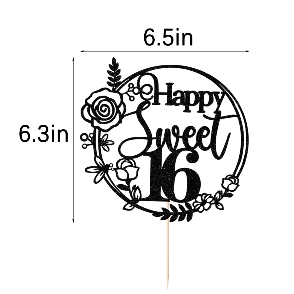 Rose Gold Glitter Happy Sweet 16 Cake Topper - Happy 16Th Birthday Cake Decor - Hello 16, Cheers To 16 Years Birthday Party Deco