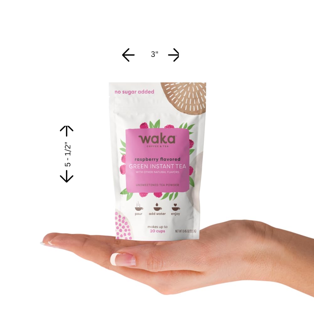 Waka Instant Green Tea Mix, Raspberry Flavored - 100% Tea Leaves, No Additives, Unsweetened Travel Size Tea Powder - Easy Quick
