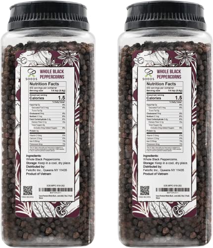 Soeos Black Peppercorns, 36oz (Pack of 2), Non-GMO, Kosher, Packed to Keep Peppers Fresh, Peppercorn for Grinder Refill, Whole P