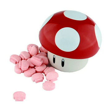 Super Mario Bros Mushroom Sour Candy. One (1) Mushroom Collectible Mushroom Tin. Sour Cherry Or Green Mushroom Shaped Candies 1