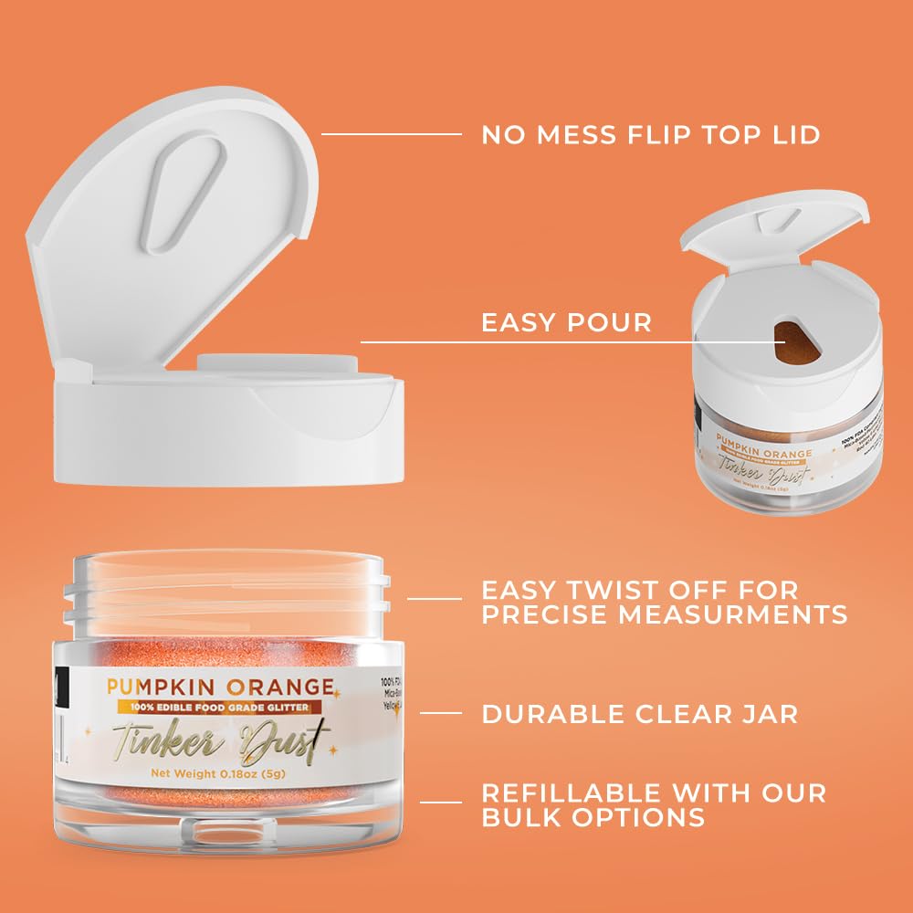 Bakell - Pumpkin Orange Tinker Dust (5G, 1X Jar) Edible Glitter For Food, Desserts, And Beverages!