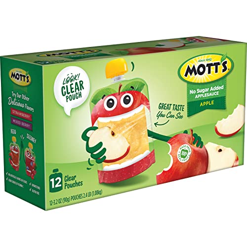 Mott s No Sugar Added Applesauce, 3.2 oz clear pouches, 12 Count (Pack of 8)