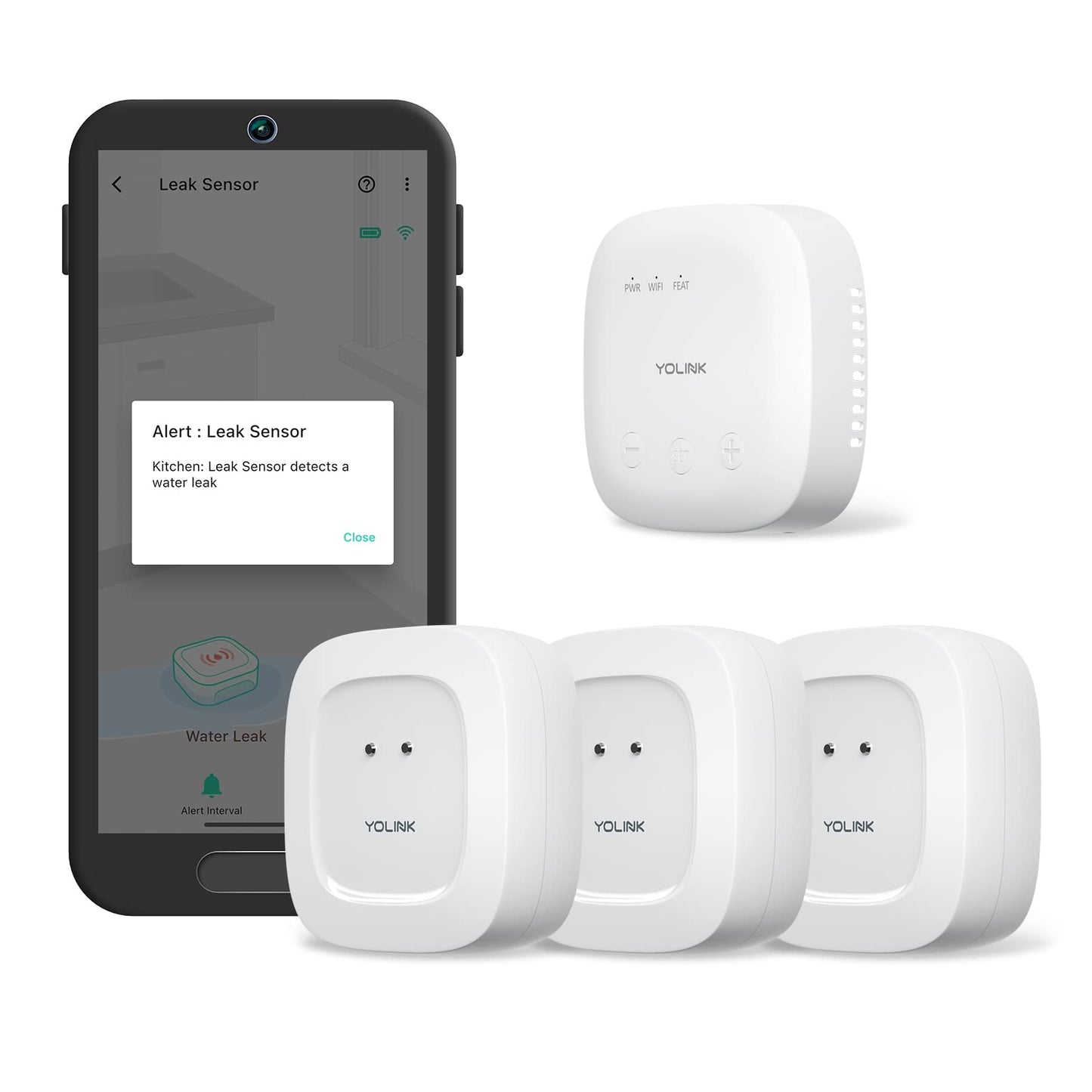 Yolink Speakerhub & Three Water Leak Sensors Starter Kit - Plays Tones/Sounds, Spoken Messages, Lora-Powered  Mile Range, App Al