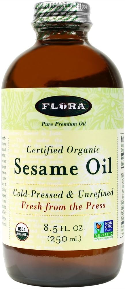 Flora Organic Sesame Oil - Cold-Pressed Cooking Oil, Vegan & Non-GMO, 8.5 fl. oz. Glass Bottle