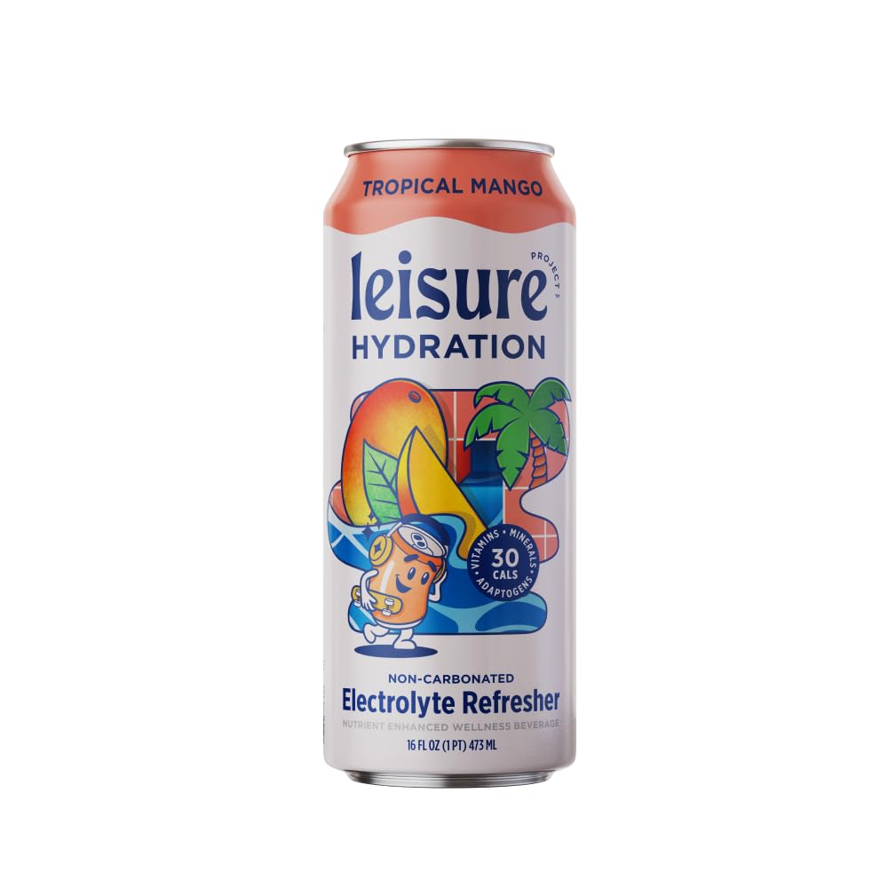 Leisure Project Electrolyte Refresher, Tropical Mango (16oz Cans, 12 Pack) Mango Hydration Drink w/Magnesium & Ashwagandha For M